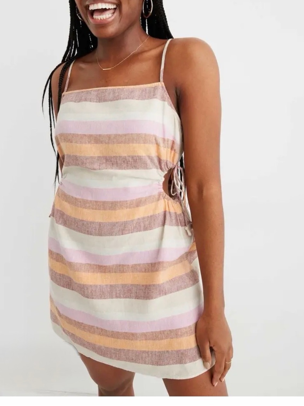 AERIE STRIPPED LINEN BLEND CAMI CUTOUT MINI DRESS NEW WITH TAG